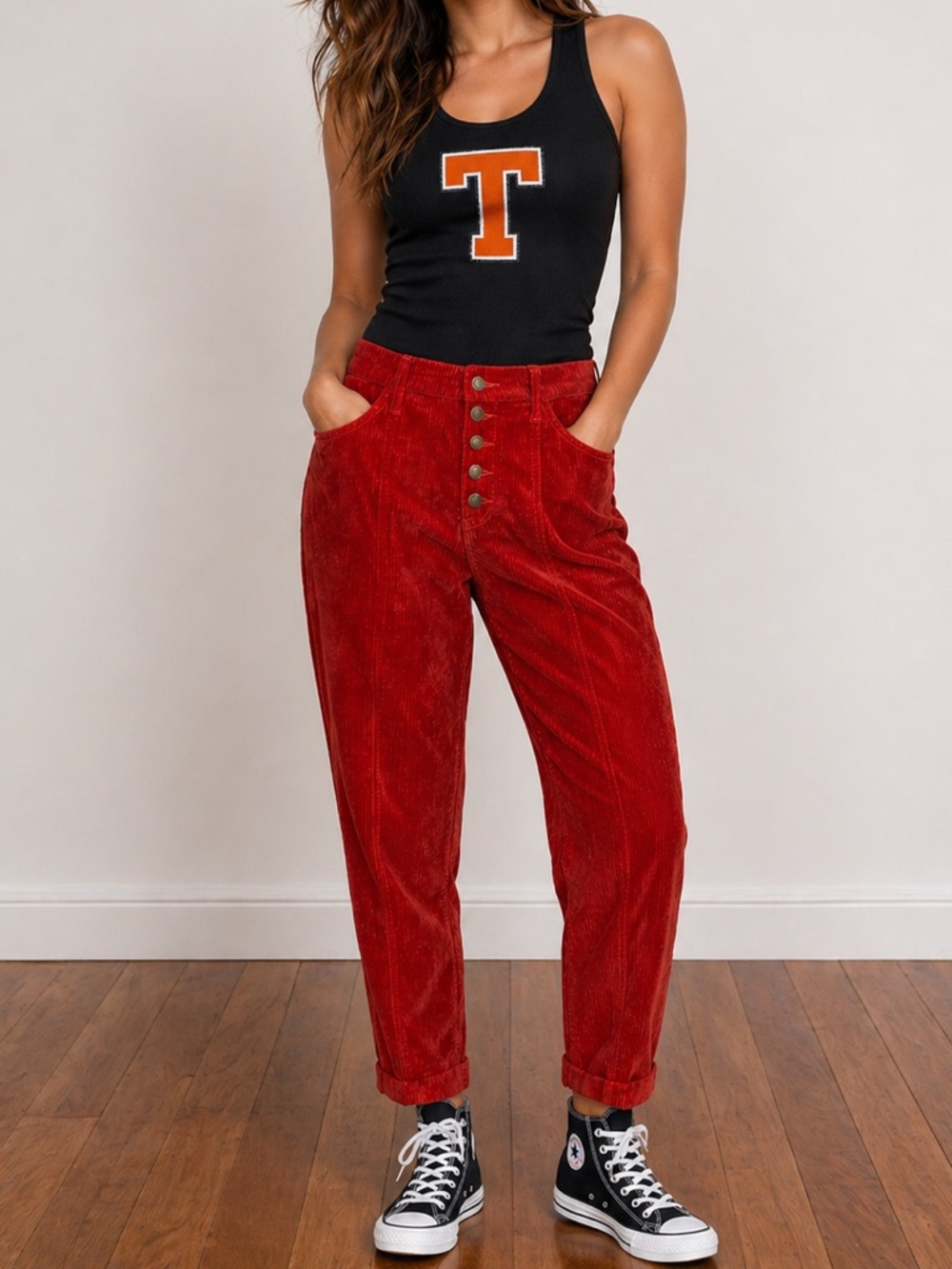 Judy Blue Fez Corduroy ankle straight leg vivid rust 11